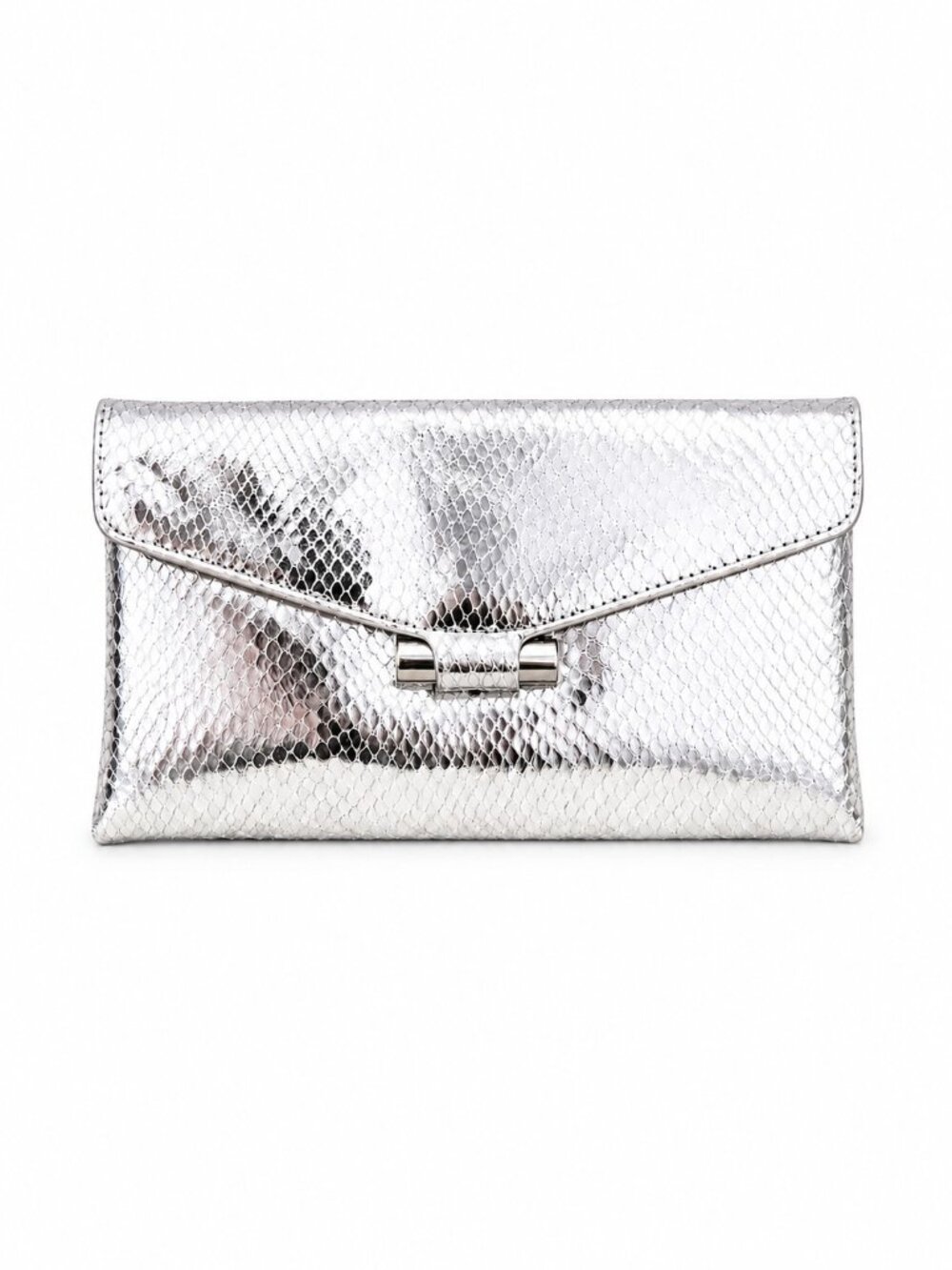 Stuart Weitzman Danika In Cerulean Metallic Silver Snake clutch $425